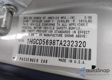 1996 Honda Accord Value z USA, uszkodzony, nr VIN 1HGCD5698TA232320